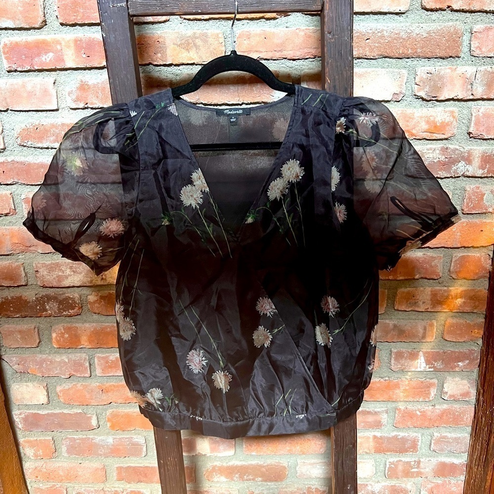 Madewell Sanna floral silk organza wrap top black sheer EUC women’s size S small - Picture 2 of 8